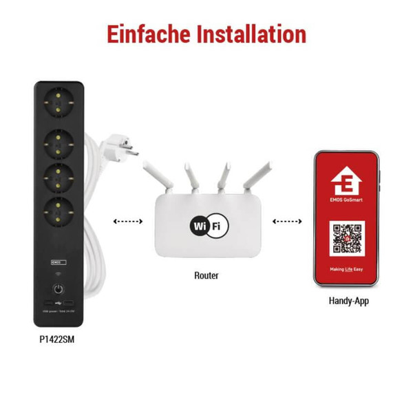 Emos Verlängerungskabel GoSmart 4-fach WiFi USB-C 2m Weiß-Schwarz P1422SM