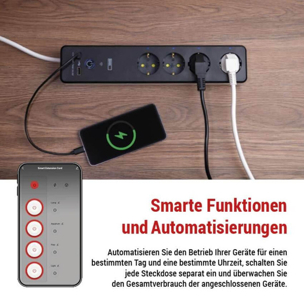 Emos Verlängerungskabel GoSmart 4-fach WiFi USB-C 2m Weiß-Schwarz P1422SM