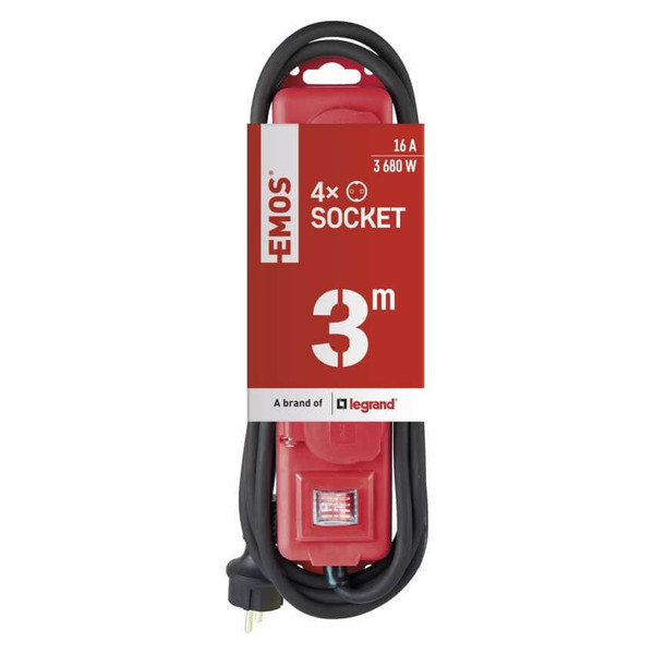 Emos Steckdosenleiste 4-fach mit Schalter 3m IP44 Schwarz Rot Gummi P14231