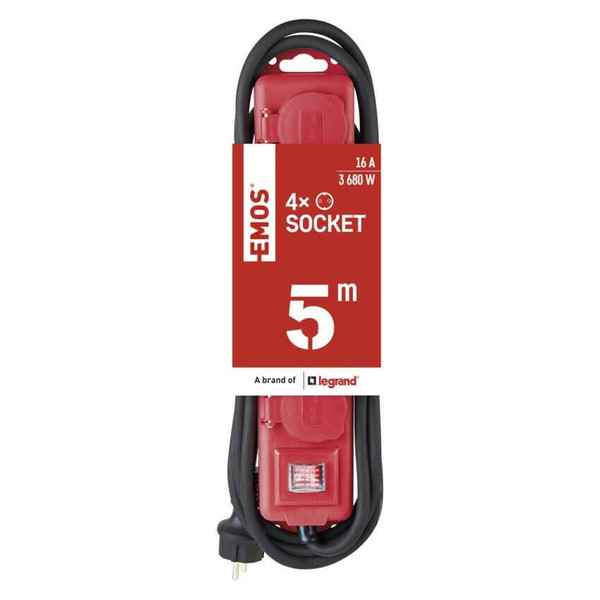 Emos Steckdosenleiste 4-fach mit Schalter 5m IP44 Schwarz Rot Gummi P14251