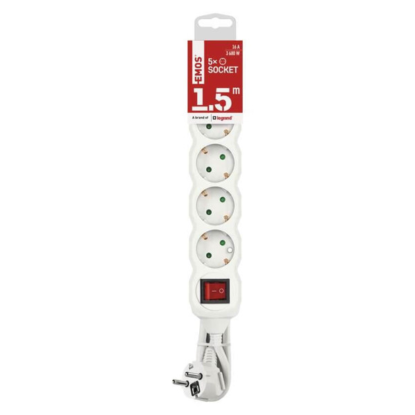 Emos Steckdosenleiste 5-fach mit Schalter 1,5m Weiß PVC P1521R