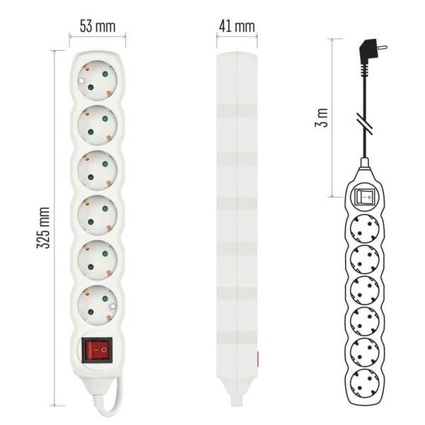 Emos Steckdosenleiste 6-fach mit Schalter 3m Weiß PVC P1623R