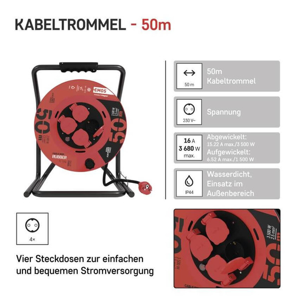 Emos Kabeltrommel 4-fach 50m 2,5mm² Gummi P19221