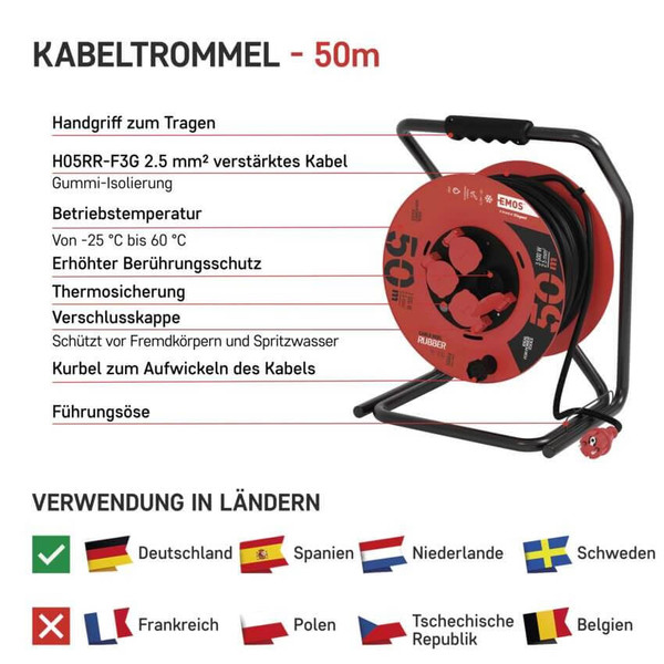 Emos Kabeltrommel 4-fach 50m 2,5mm² Gummi P19221