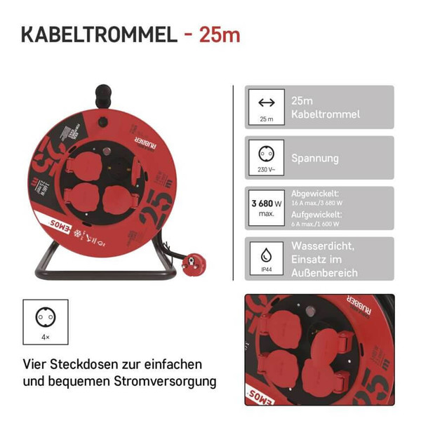 Emos Kabeltrommel 4-fach 25m 2,5mm² Gummi P19625