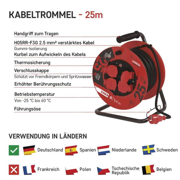 Emos Kabeltrommel 4-fach 25m 2,5mm² Gummi P19625