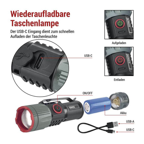 Emos LED Akku-Taschenlampe 300lm Schwarz Metallicgrau Aluminium P3120