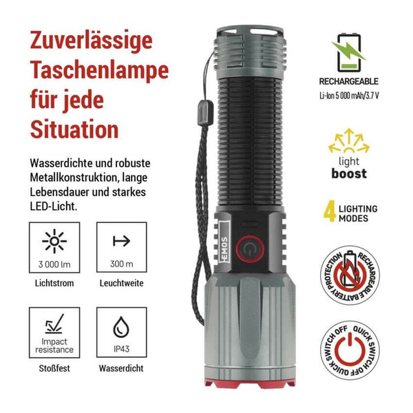 Emos LED Akku-Taschenlampe 3000lm Schwarz Metallicgrau Aluminium P3122