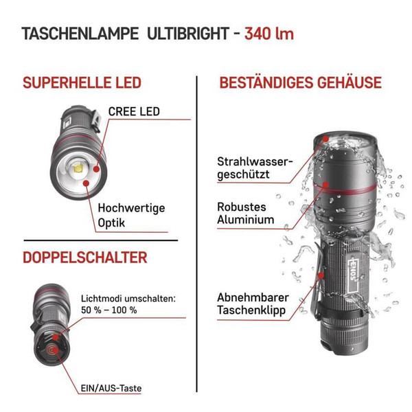 Emos LED Taschenlampe 340lm Grau Aluminium P3170