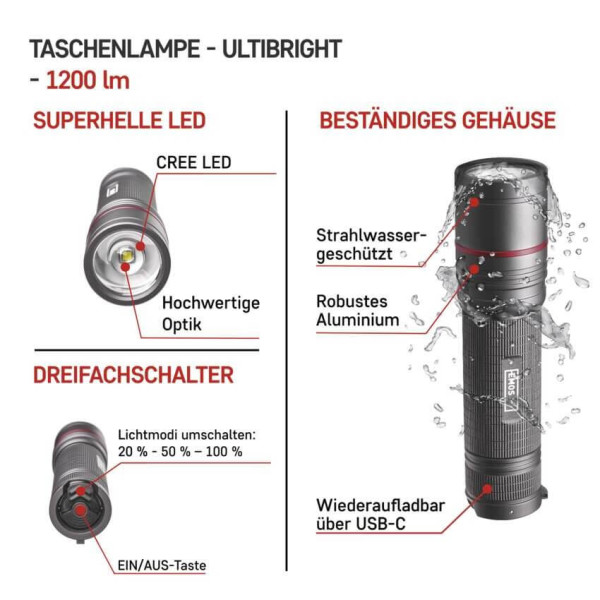 Emos LED Akku-Taschenlampe 1200lm Grau Aluminium P3190