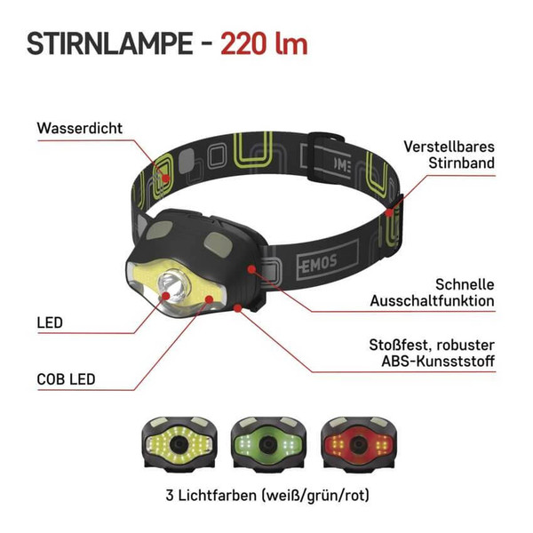 Emos LED Stirnlampe 220lm Schwarz P3536
