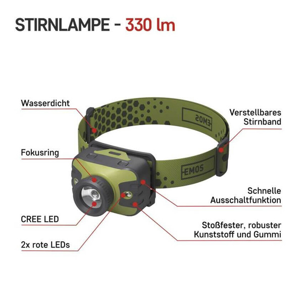 Emos LED Stirnlampe 330lm Grün-schwarz P3539
