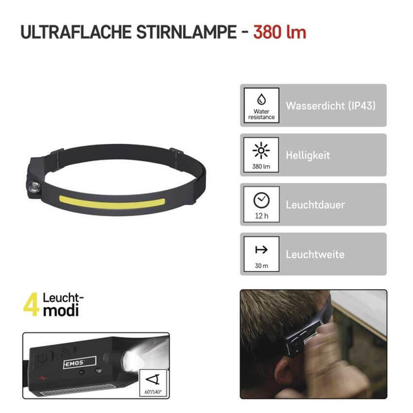 Emos LED Stirnlampe 380lm Akku Schwarz P3541