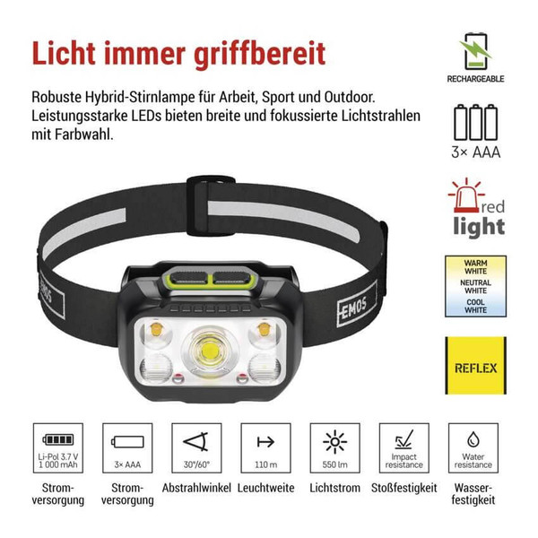 Emos LED Stirnlampe 550lm Akku Schwarz-grün P3546