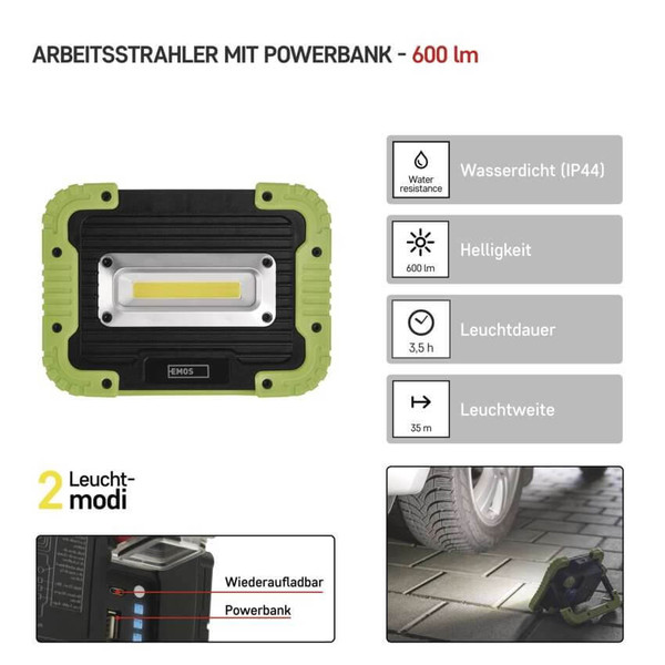 Emos LED Arbeitsleuchte 600lm Akku Schwarz-grün P4534