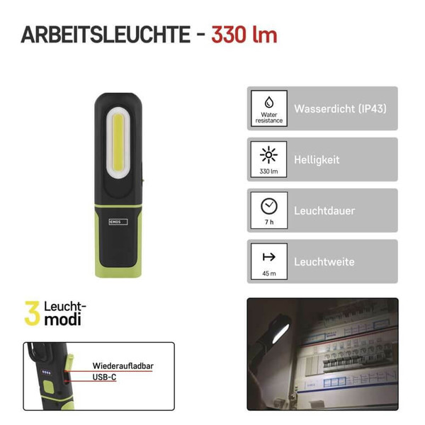 Emos LED Arbeitsleuchte 330lm Akku Grün-schwarz P4537