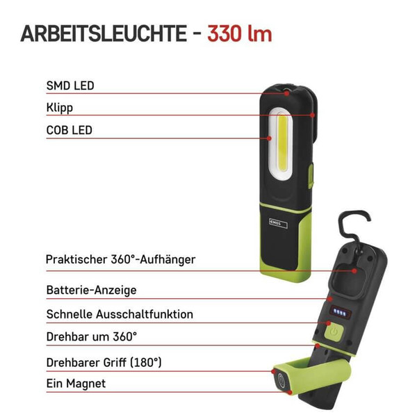 Emos LED Arbeitsleuchte 330lm Akku Grün-schwarz P4537