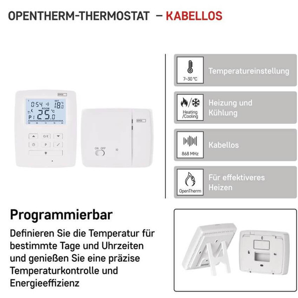 Emos Raumthermostat OpenTherm programmierbar kabellos 7-30°C 0,2°C P5611OT