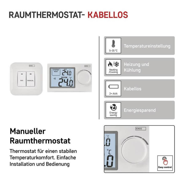 Emos Raumthermostat manuell kabellos 5-35°C feste Hysterese P5614