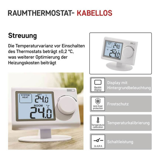 Emos Raumthermostat manuell kabellos 5-35°C feste Hysterese P5614