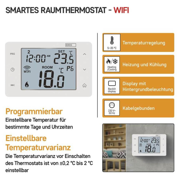 Emos Raumthermostat GoSmart WiFi programmierbar verkabelt 5-35°C P56201