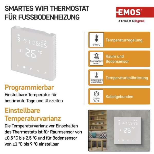 Emos Fußbodenheizungs-Thermostat GoSmart Fußbodenheizung Unterputz WiFi 1-70°C P56201UF