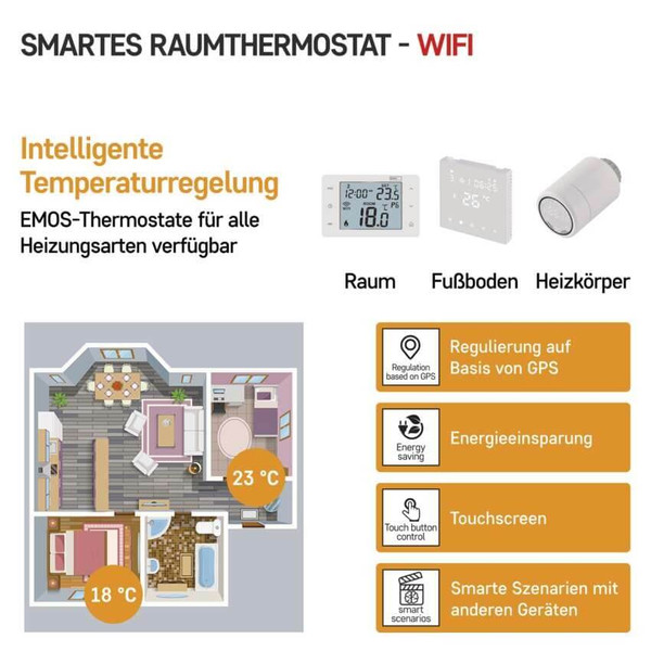 Emos Raumthermostat GoSmart WiFi programmierbar kabellos 5-35°C P56211
