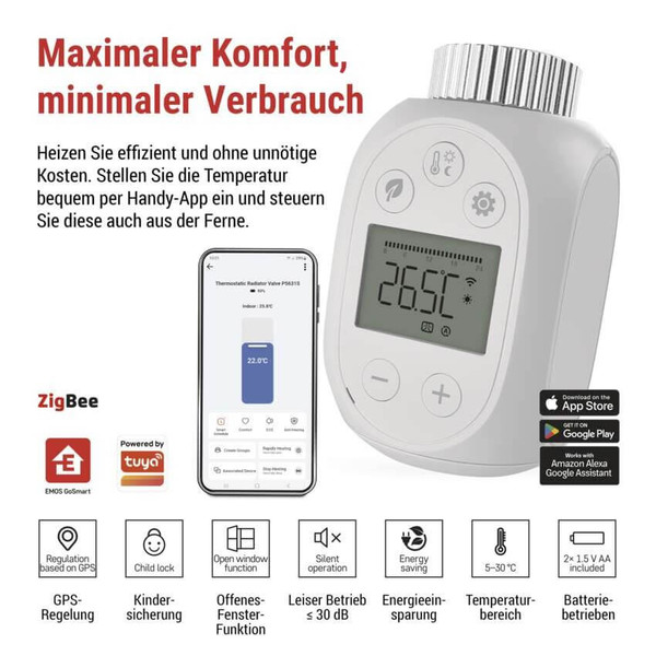 Emos Heizkörperthermostat GoSmart ZigBee 5-30°C mit Frostschutz P5631S