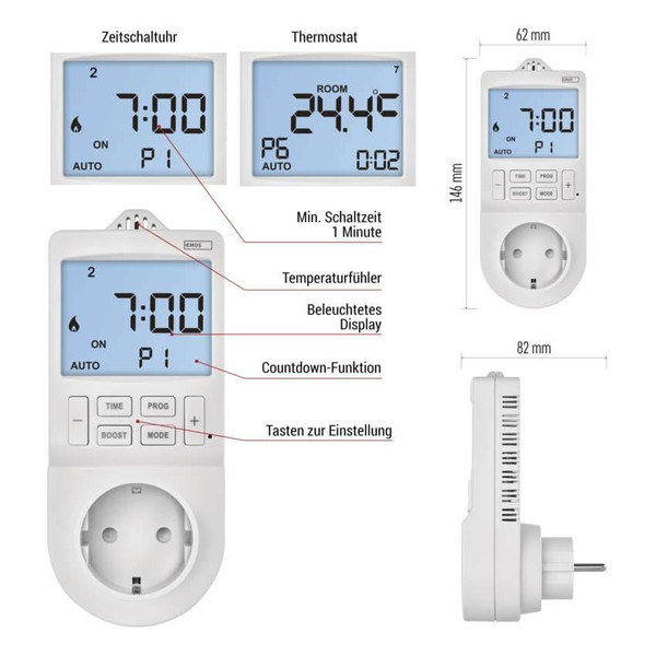 Emos Steckdosenthermostat GoSmart 2in1 WiFi digitale Zeitschaltuhr Schutzkontakt P56601SH