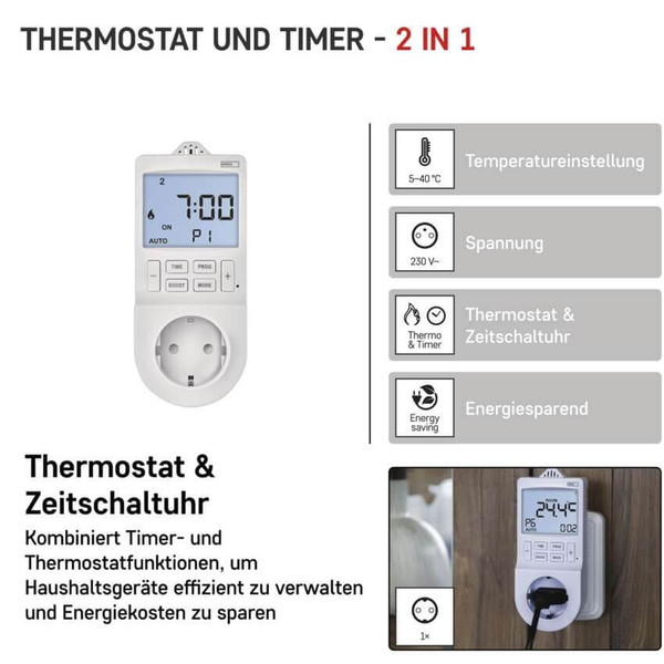 Emos Steckdosenthermostat 2in1 mit digitaler Zeitschaltuhr Schutzkontakt P5660SH