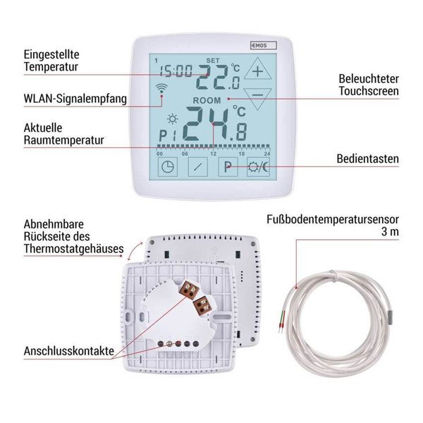 Emos Fußbodenheizungs-Thermostat GoSmart Fußbodenheizung WiFi programmierbar verkabelt P56S01F