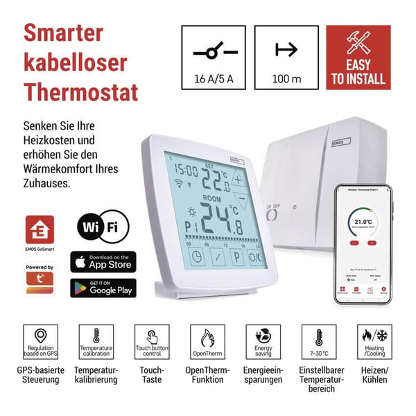 Emos Raumthermostat GoSmart WiFi programmierbar kabellos 7-30°C P56S11