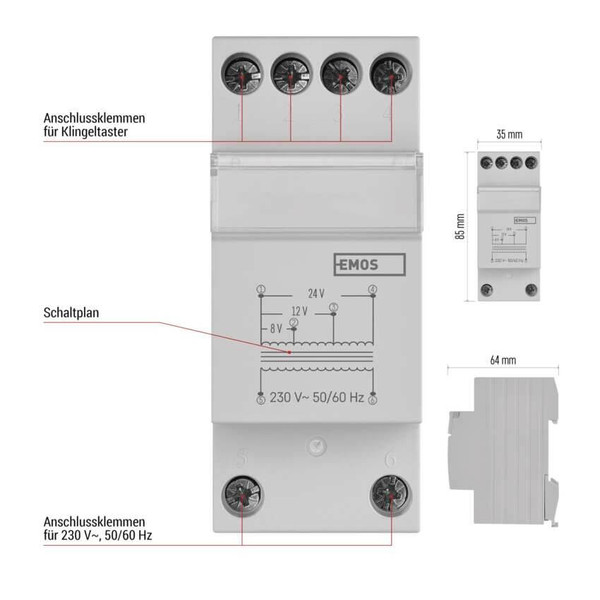 Emos Klingeltransformator 8/12/24V 0,3A für Türklingeln P57000TR