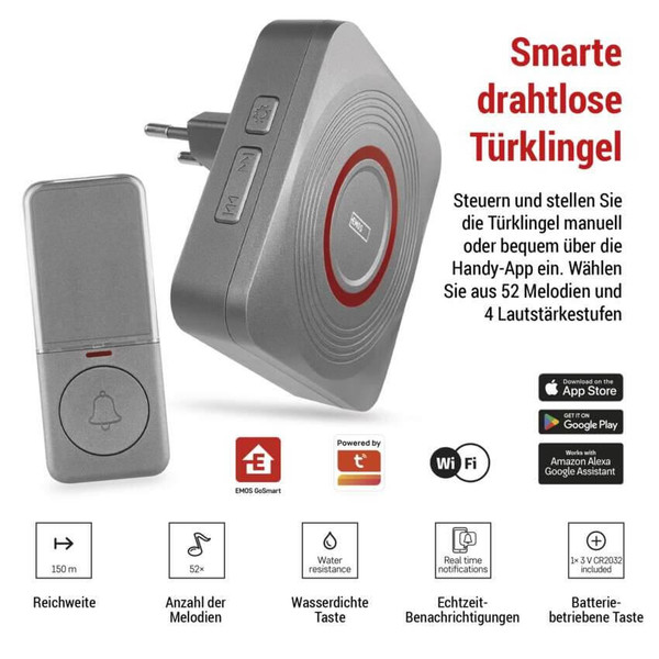 Emos Funkklingel GoSmart WiFi Schwarz/Silber 150m bis 8 Tasten P5735SS