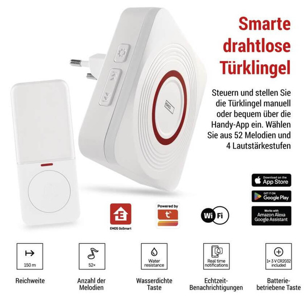 Emos Funkklingel GoSmart WiFi Weiß/Silber 150m bis 8 Tasten P5735WS