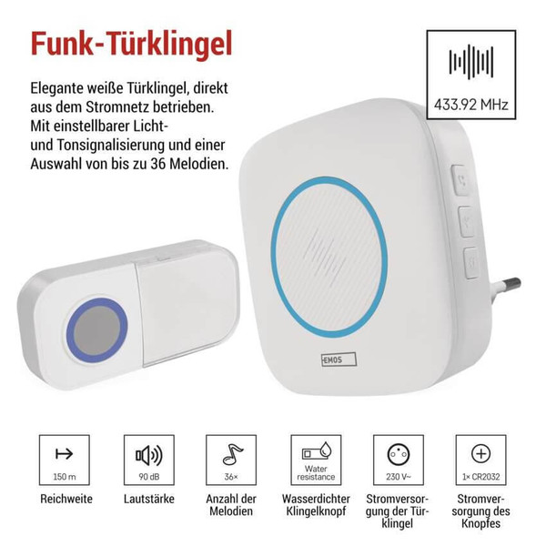 Emos Funkklingel netzbetrieben 150m 4 Stufen 90dB P5737