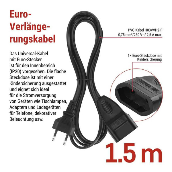 Emos Verlängerungskabel Typ E 1,5m 2,5A Schwarz PC01301