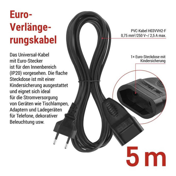 Emos Verlängerungskabel Typ E 5m 2,5A Schwarz PC01305