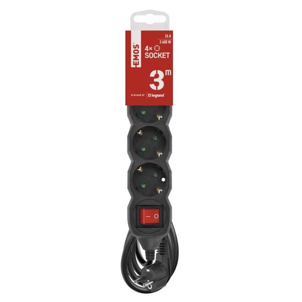Emos Steckdosenleiste 4-fach mit Schalter 3m Schwarz PVC PC1423R