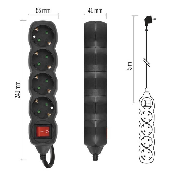 Emos Steckdosenleiste 4-fach mit Schalter 5m Schwarz PVC PC1425R