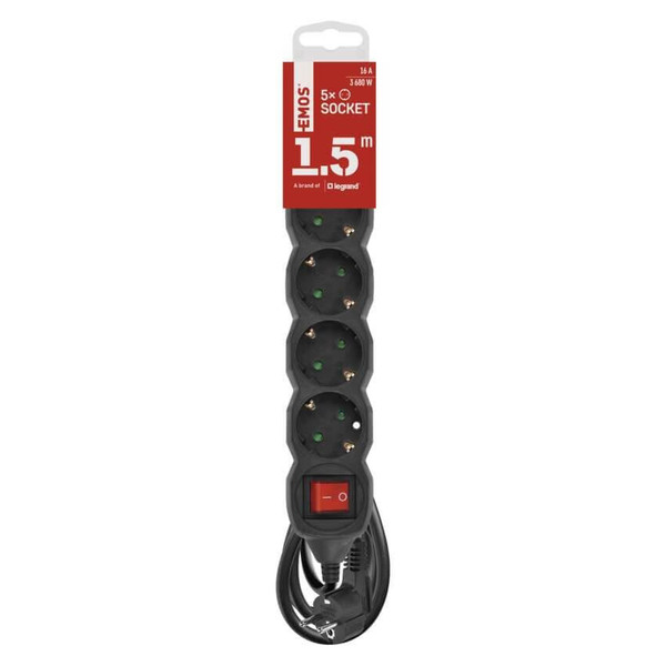 Emos Steckdosenleiste 5-fach mit Schalter 1,5m Schwarz PVC PC1521R