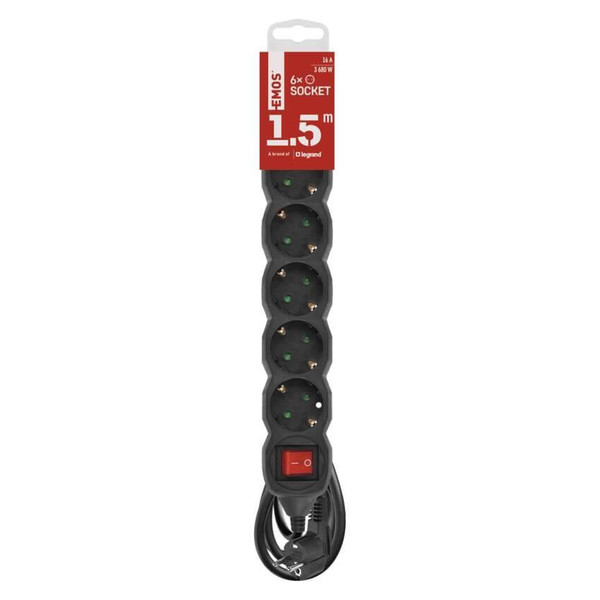 Emos Steckdosenleiste 6-fach mit Schalter 1,5m Schwarz PVC PC1621R