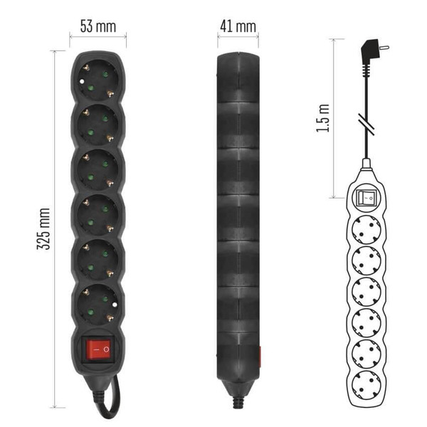 Emos Steckdosenleiste 6-fach mit Schalter 1,5m Schwarz PVC PC1621R