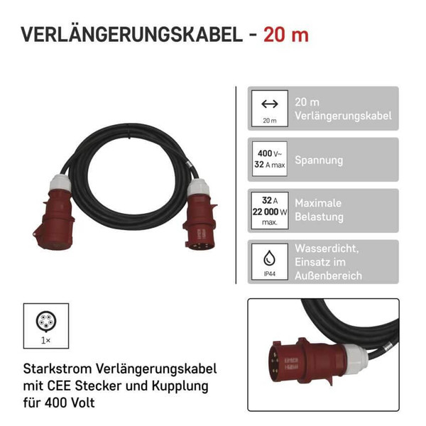 Emos Verlängerungskabel Außen CEE 5x32A 20m IP44 Gummi PM1104