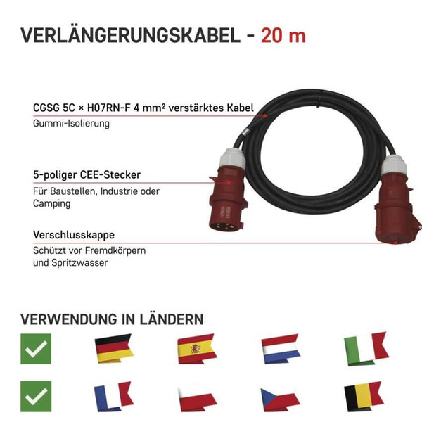 Emos Verlängerungskabel Außen CEE 5x32A 20m IP44 Gummi PM1104