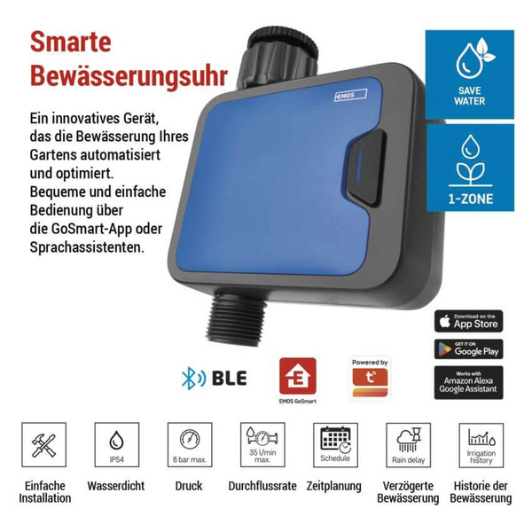 Emos Bewässerungscomputer GoSmart Bluetooth 5.0 1 Weg IP54 PW56201