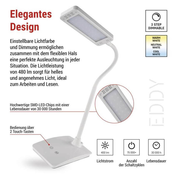 Emos LED Schreibtischleuchte 6W CCT warm-/neutral-/tageslichtweiss 3000K/4500K/6800K Weiß 17x10,5cm Z7599W