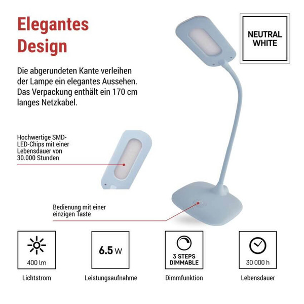 Emos LED Schreibtischleuchte 6,5W neutralweiss 4000K Blau 16x55cm Z7602BL