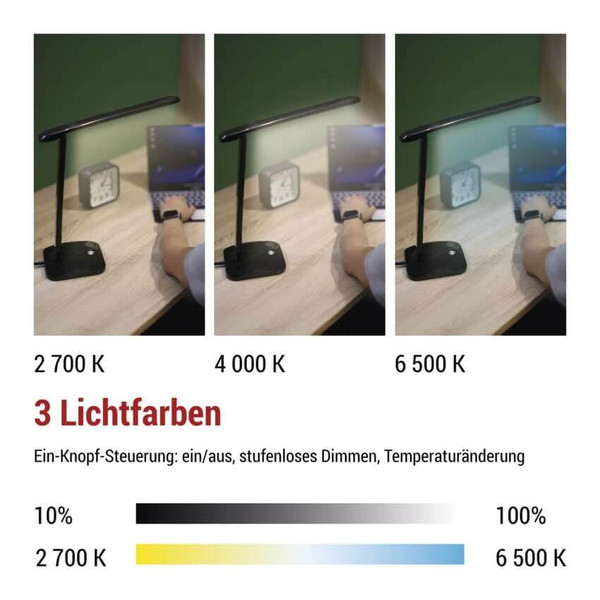Emos LED Schreibtischleuchte 7,2W CCT warm-/neutral-/tageslichtweiss 2700K/4000K/6500K Schwarz 37x34cm Z7619B