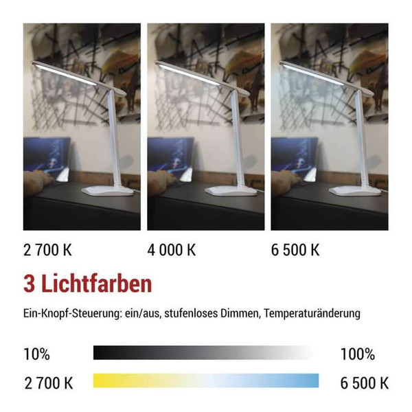 Emos LED Schreibtischleuchte 7,2W CCT warm-/neutral-/tageslichtweiss 2700K/4000K/6500K Weiß 37x34cm Z7619W